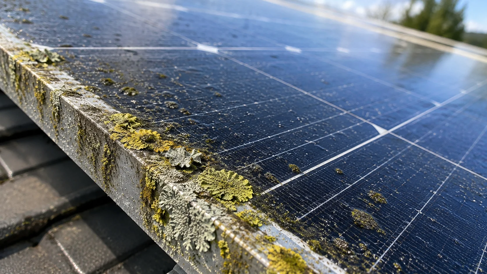 Flechten und organische Verschmutzungen auf einem Photovoltaikmodul