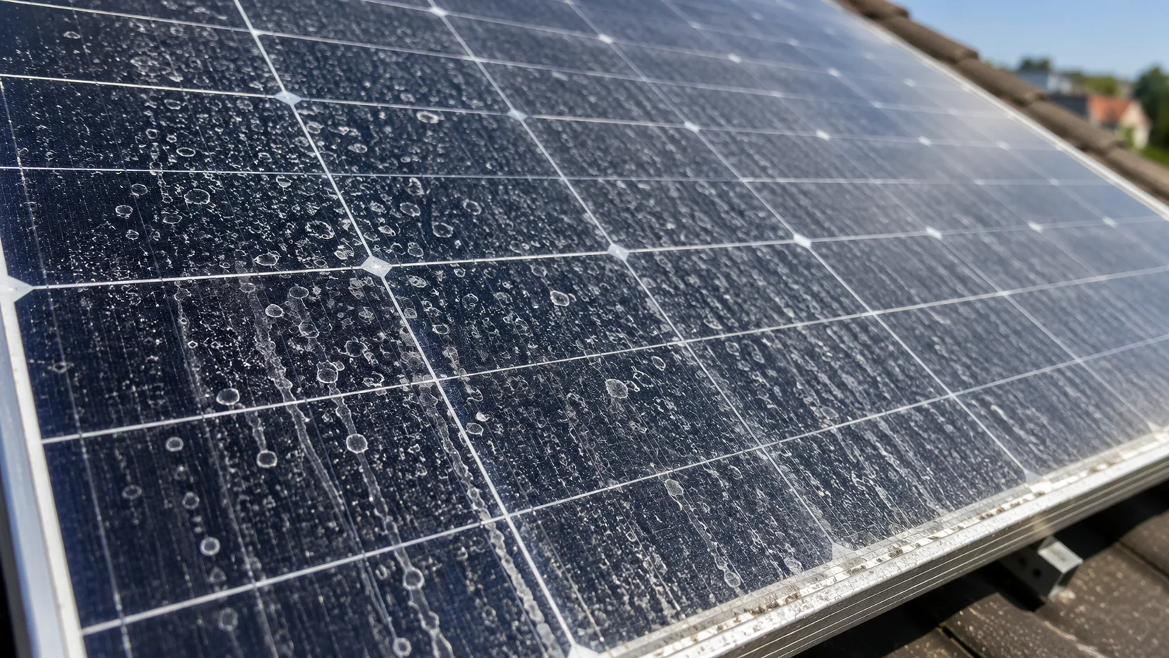 Kalkflecken und mineralische Wasserablagerungen auf einem Photovoltaikmodul