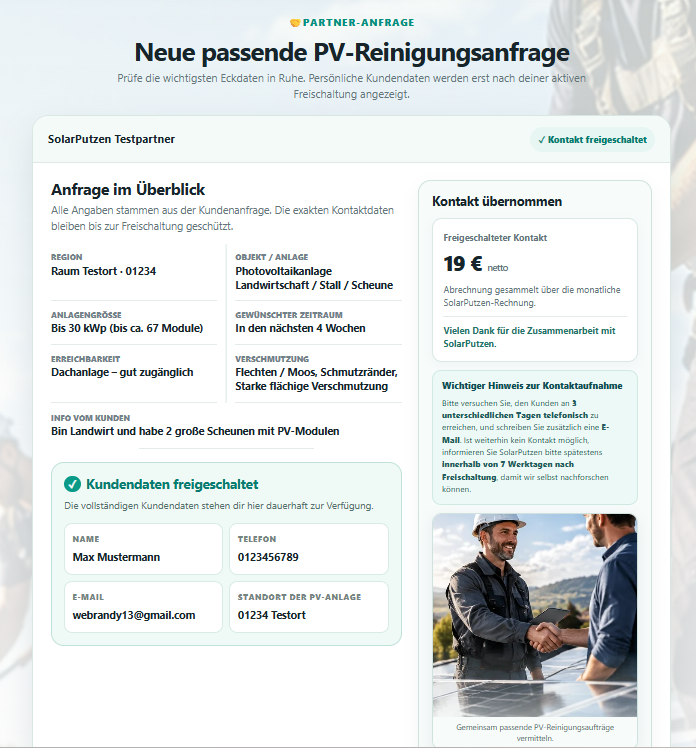 Partneranfrage nach Freischaltung: Kontaktdaten und Hinweise zur Kontaktaufnahme werden angezeigt