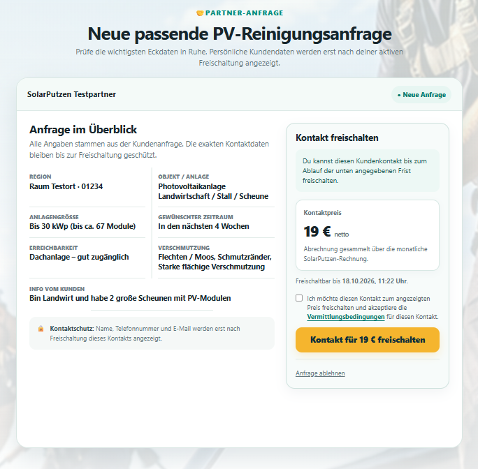 Partneranfrage vor Freischaltung: Anlageninformationen und 19 Euro Kontaktpreis, Kundendaten noch verborgen