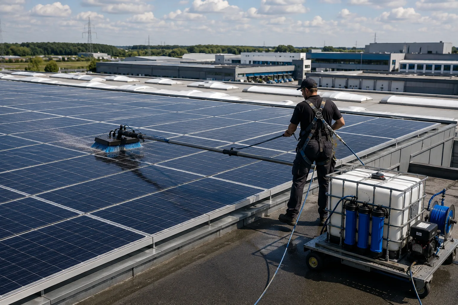 Professionelle Reinigung einer Photovoltaikanlage auf einem größeren Gebäudedach