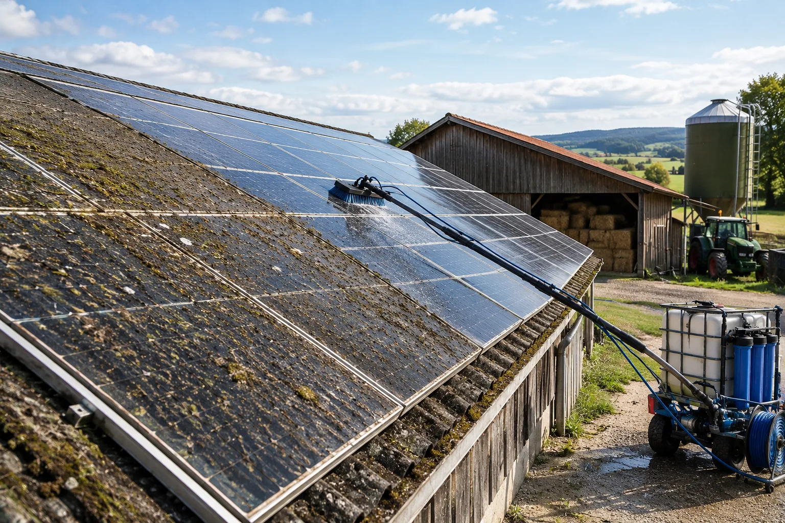 Stark verschmutzte Photovoltaikanlage auf einem landwirtschaftlichen Gebäude während der Reinigung