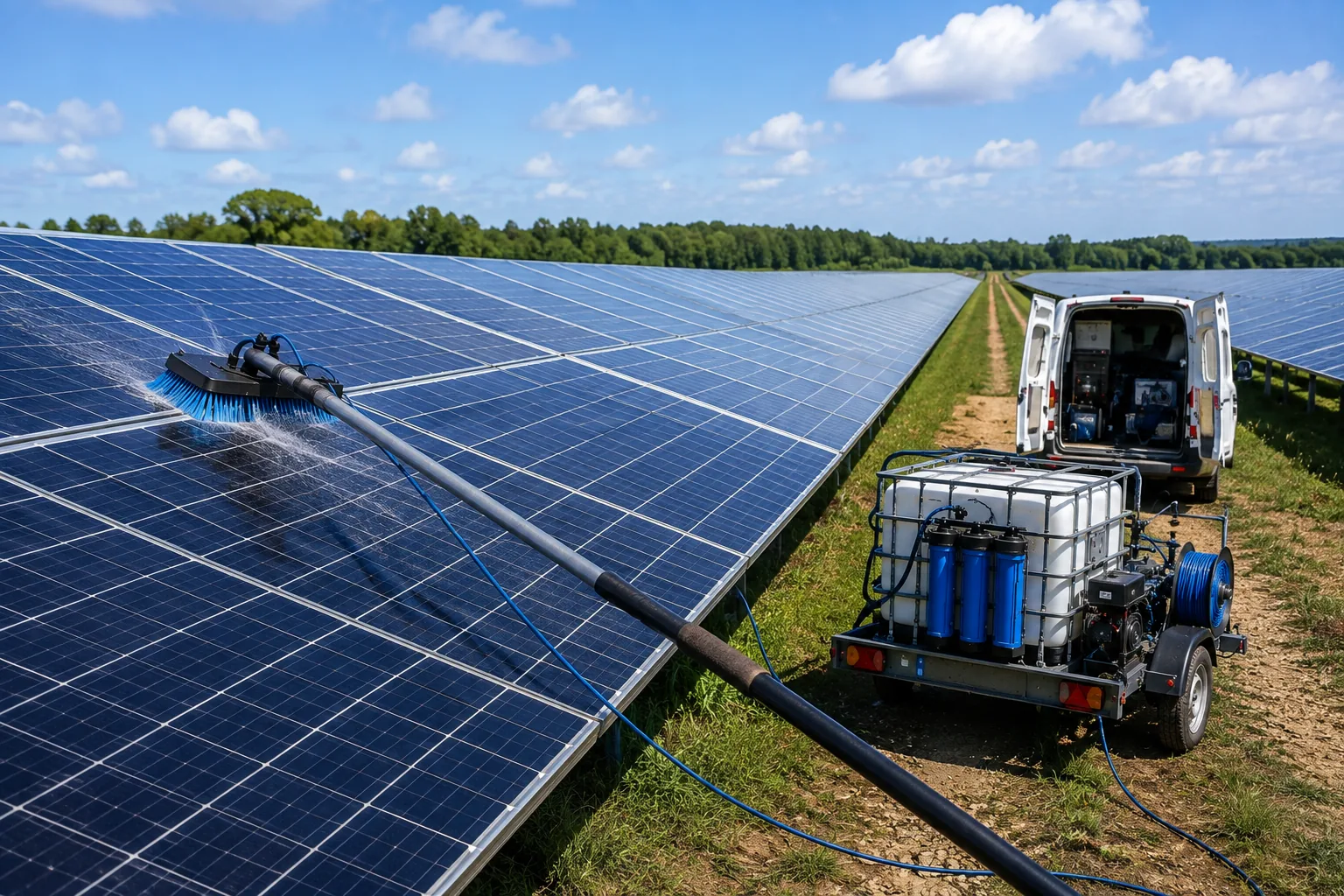 Professionelle Reinigung eines großen Solarparks mit wasserführender Bürste und Reinwassersystem