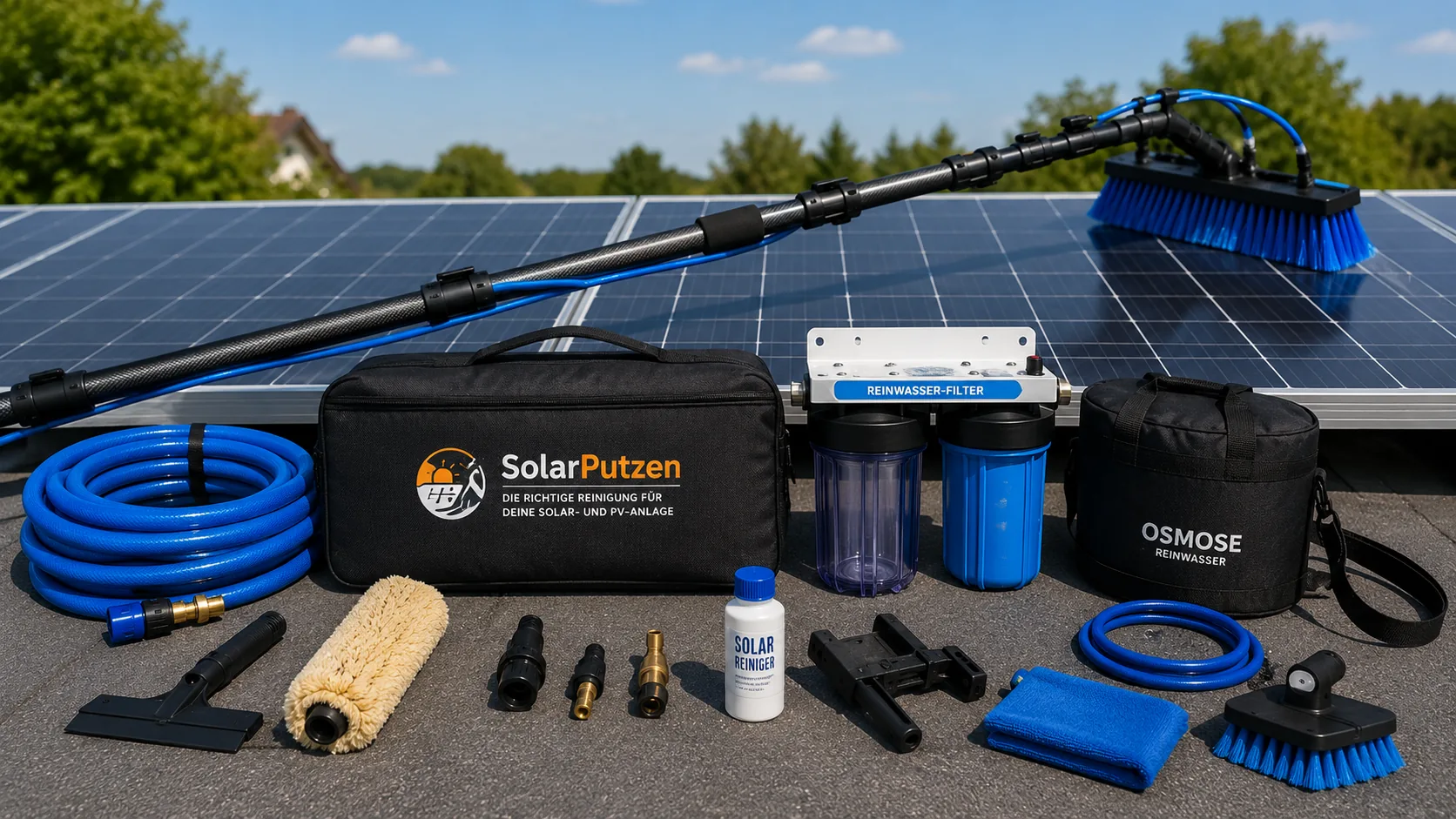 Komplettes Photovoltaik-Reinigungsset mit Teleskopbürste, Wasserführung, Reinwasserfilter und Zubehör