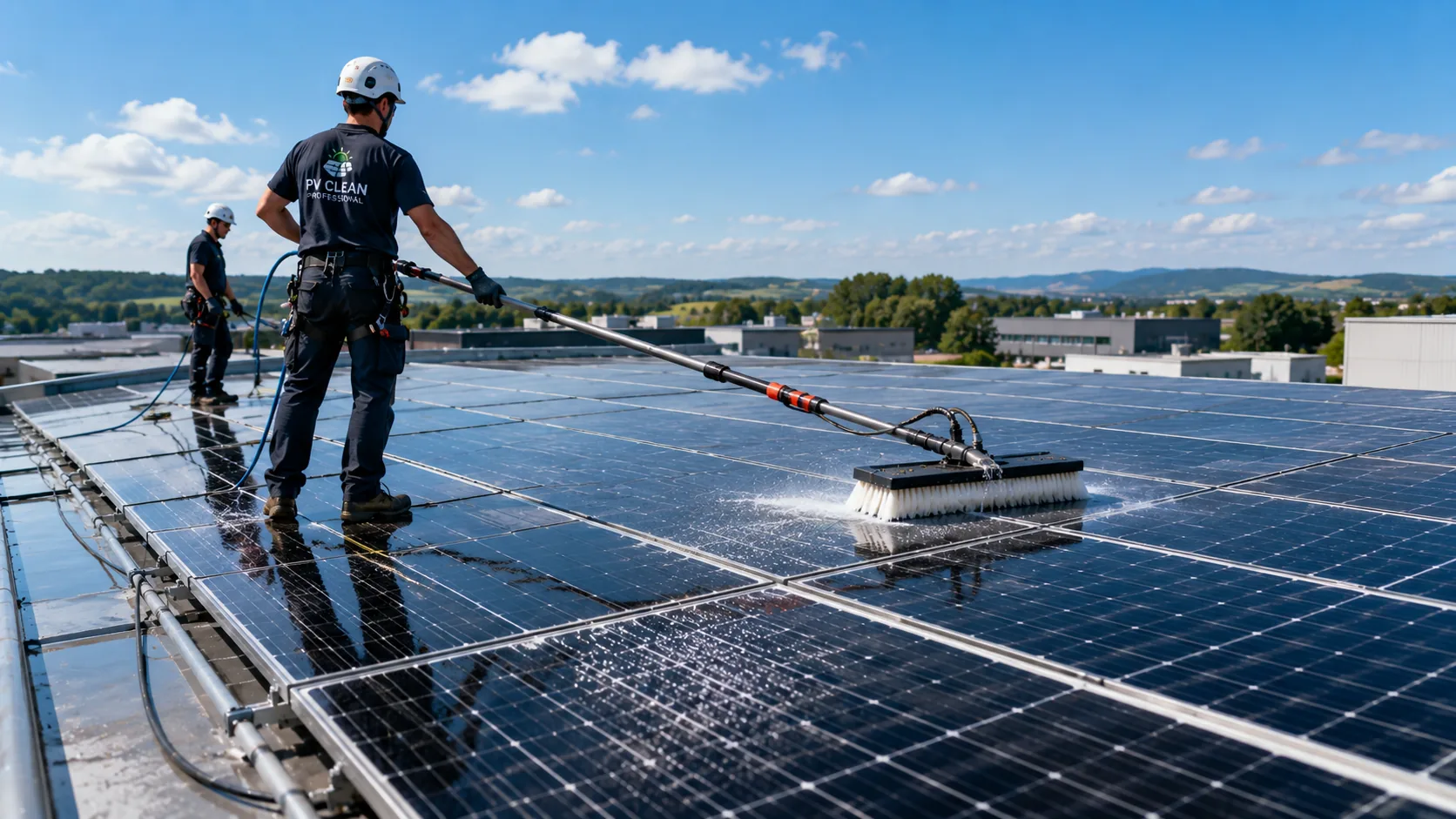 Professionelle Reinigung einer großen Photovoltaikanlage durch zwei Fachkräfte