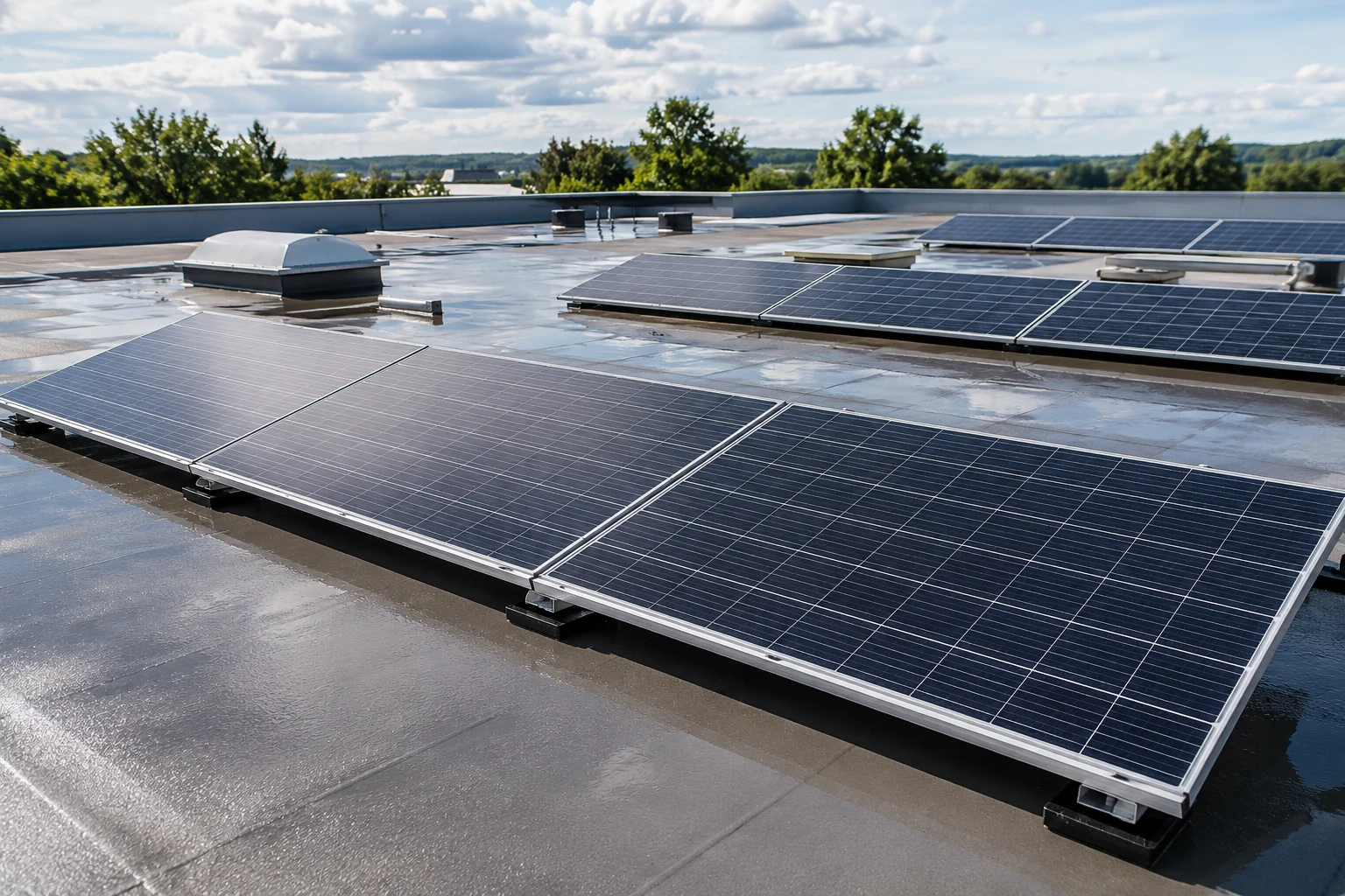 Flach geneigte Photovoltaikmodule auf einer größeren Dachfläche
