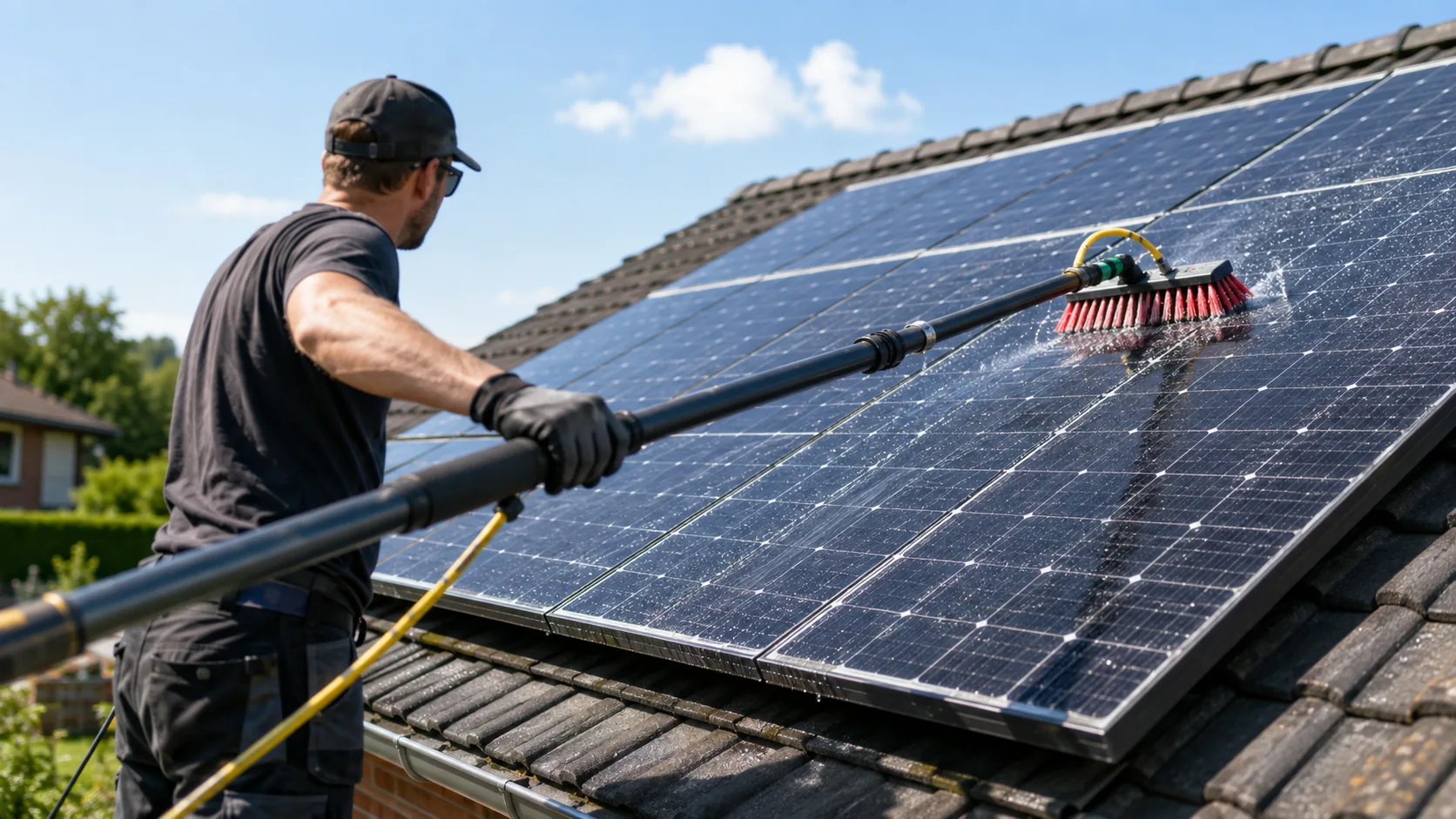 PV-Anlage mit einer wasserführenden Teleskopbürste reinigen