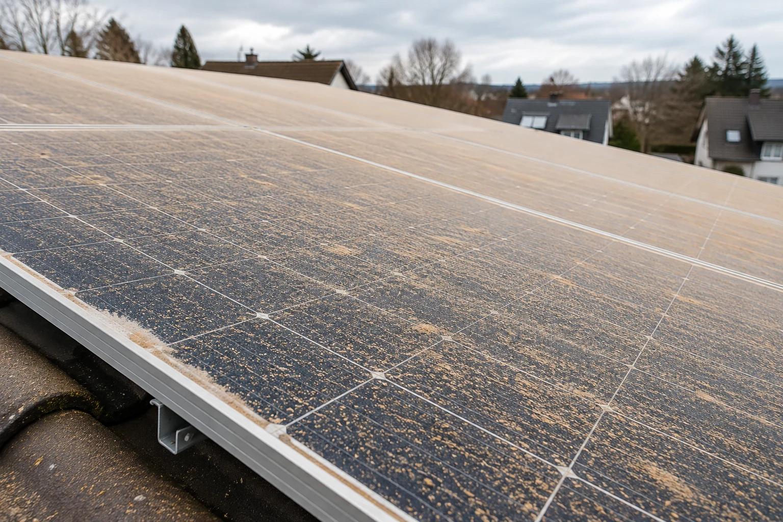 Photovoltaikmodule auf einem deutschen Hausdach mit feinem Saharastaub