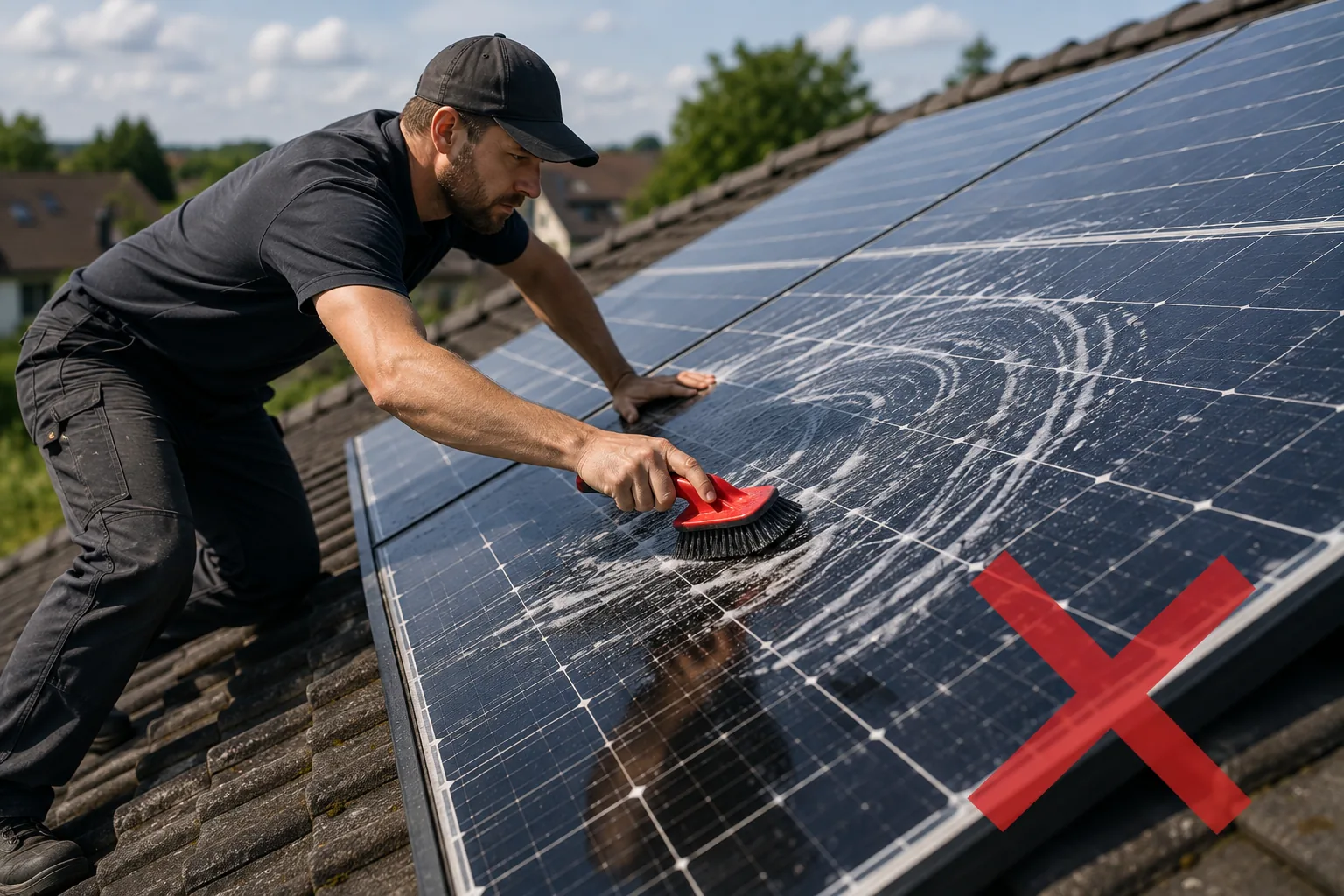 Unsichere Reinigung eines PV-Moduls mit ungeeigneter Bürste direkt auf einem geneigten Hausdach