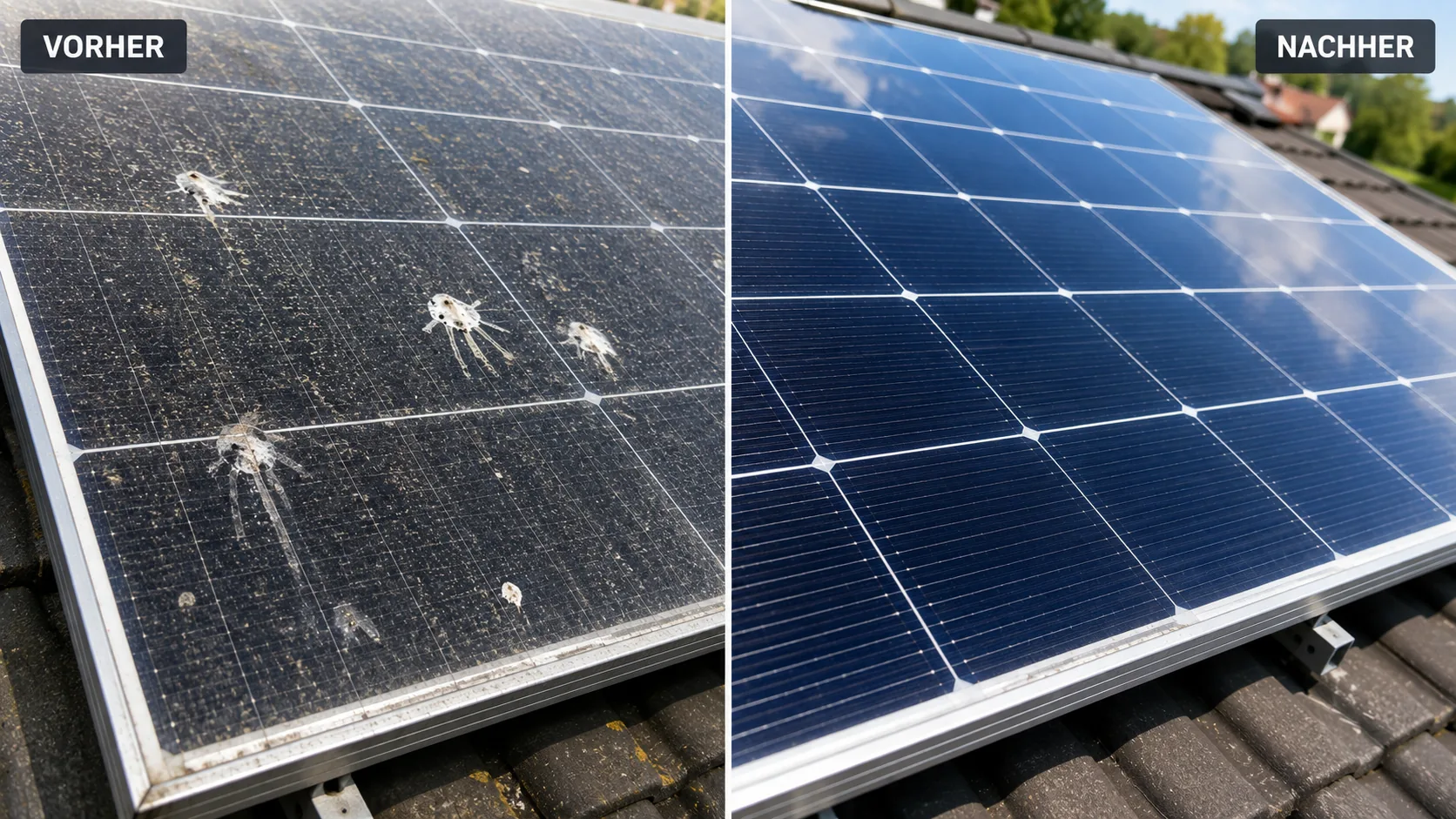 Vergleich verschmutzter und gereinigter Photovoltaikmodule: vorher mit Ablagerungen, nachher sauber