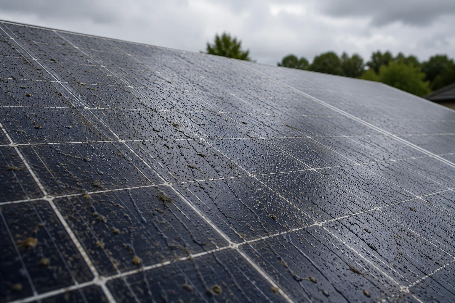 Regentropfen auf sichtbar verschmutzten Solarmodulen mit festhaftenden Ablagerungen