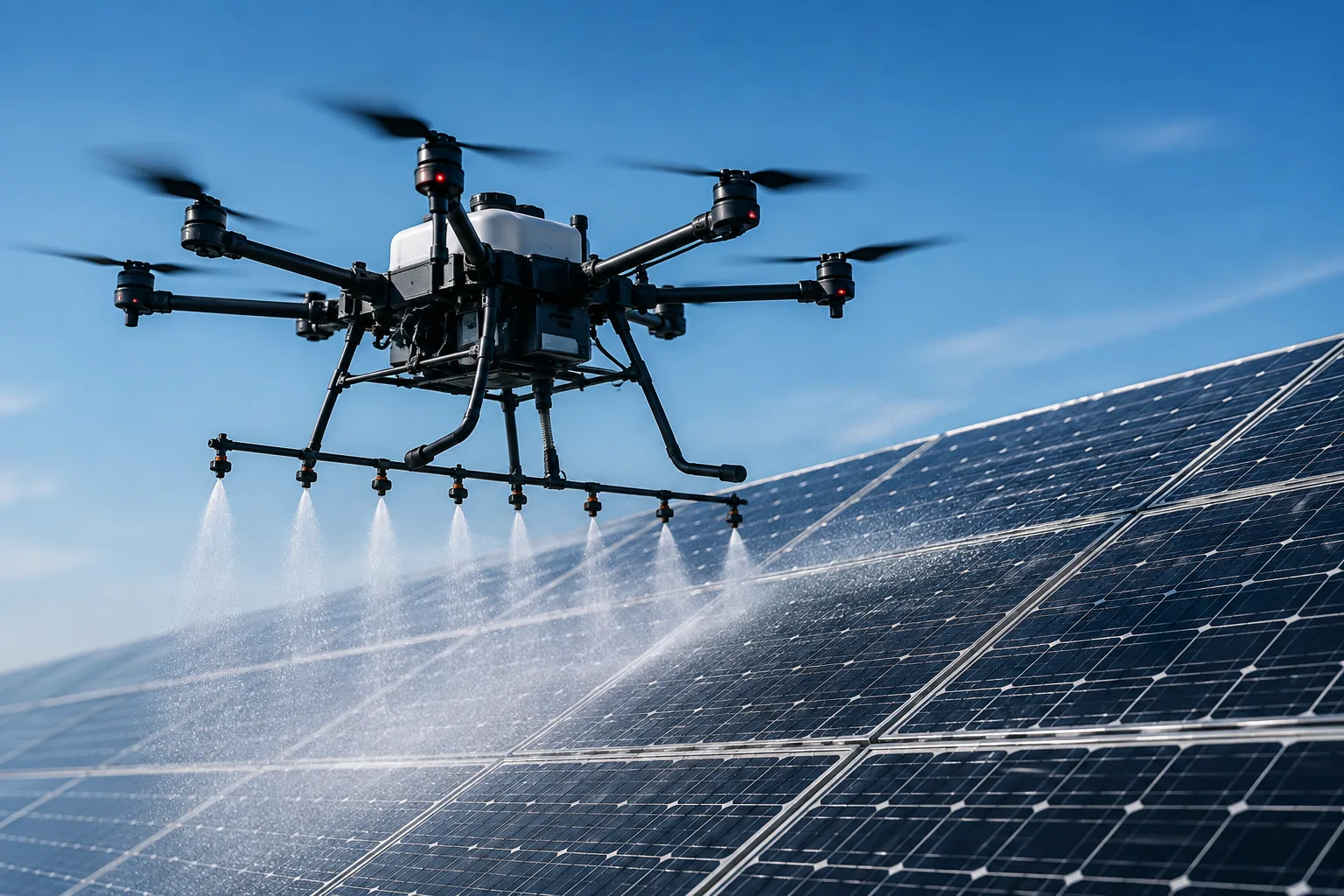Reinigungsdrohne bei der professionellen Reinigung einer großen Photovoltaikanlage