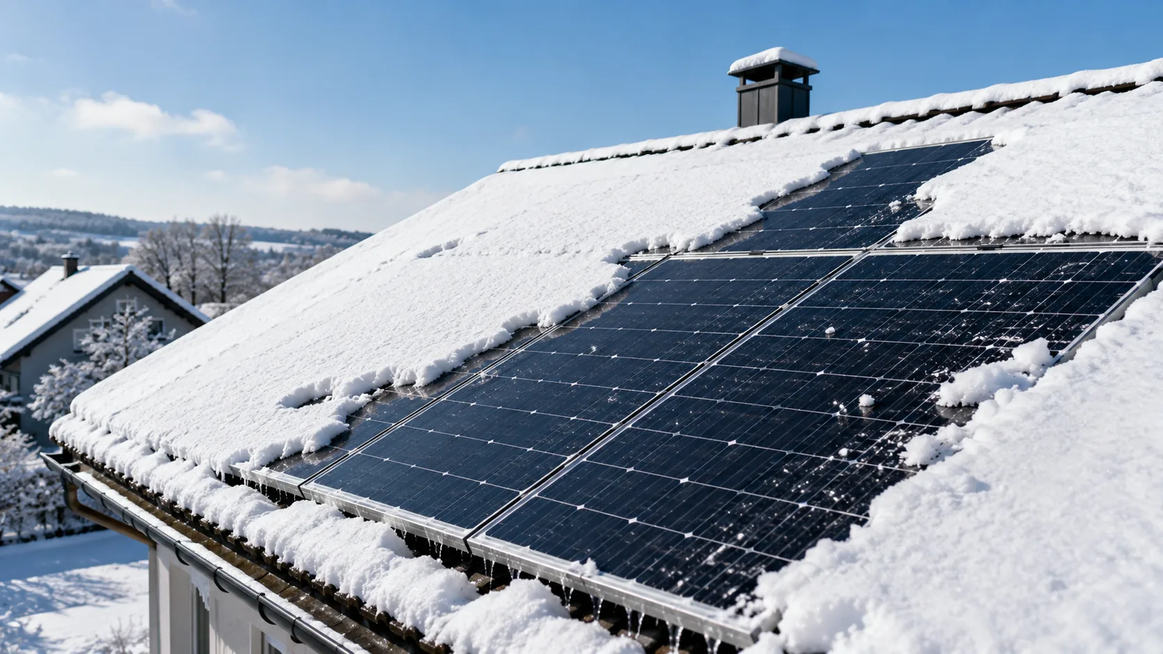 Teilweise mit Schnee bedeckte Photovoltaikanlage auf einem Hausdach