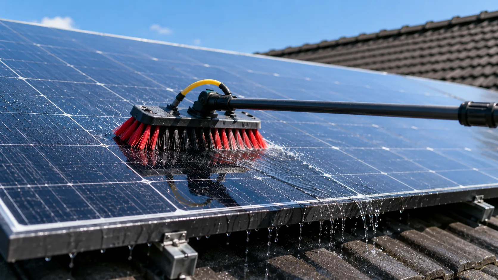 Solarmodule mit einer wasserführenden Teleskopbürste reinigen