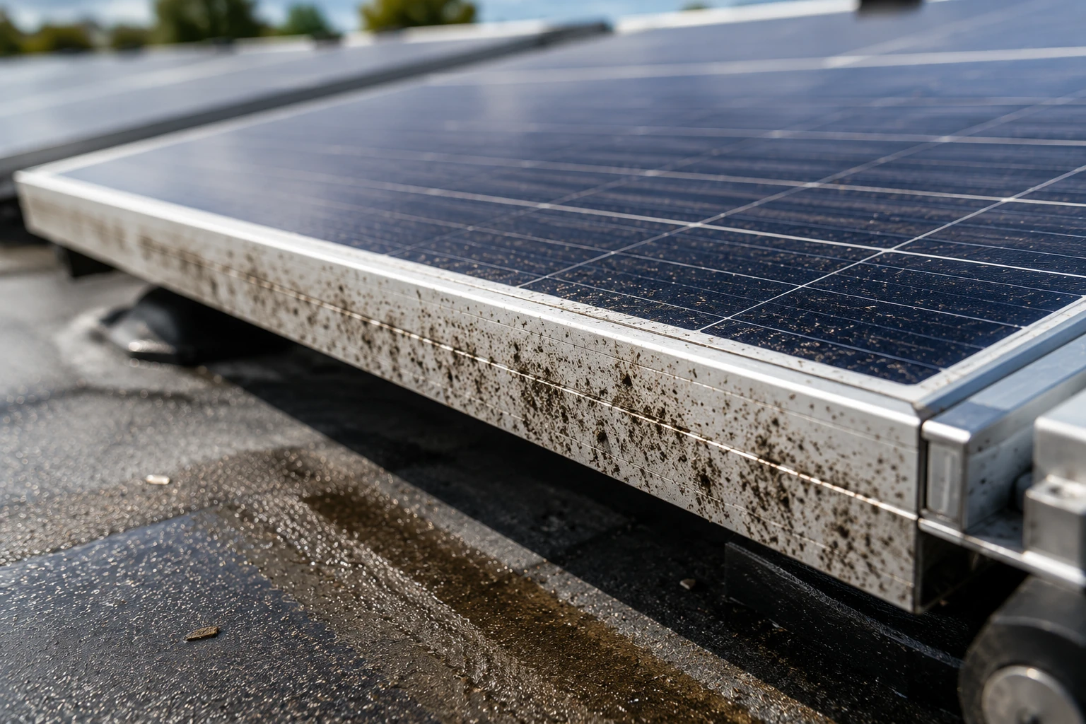Verschmutzter Aluminiumrahmen eines PV-Moduls mit Ablagerungen an der Unterkante