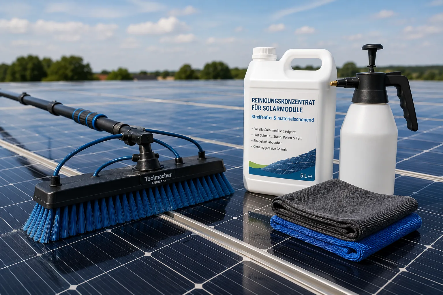 PV-Reinigungsbürste mit Reinigungsmittel und Arbeitsmaterial auf Solarmodulen