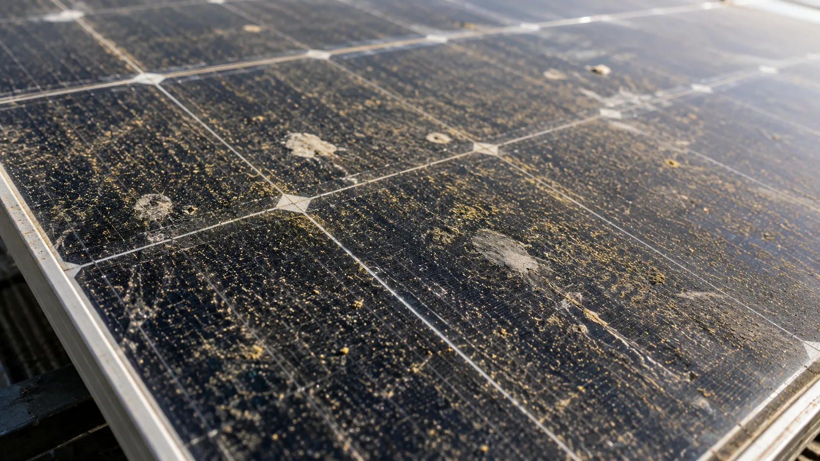 Stark verschmutztes Solarmodul mit Staub, Pollen und Ablagerungen