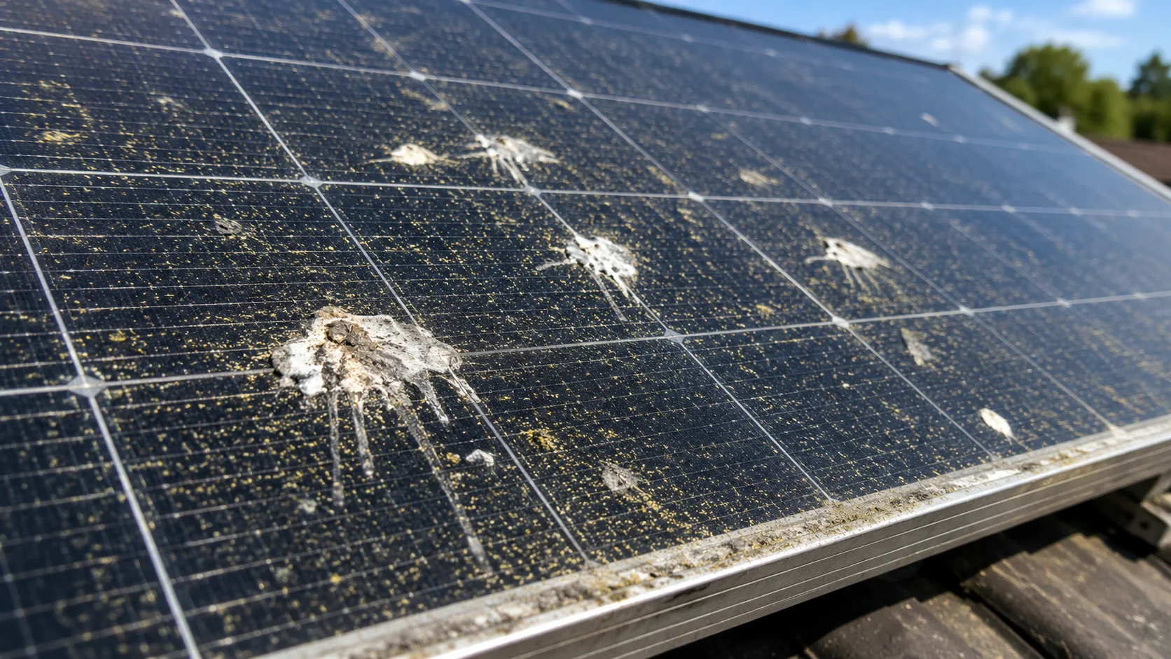 Vogelkot und Pollen auf verschmutzten Solarmodulen